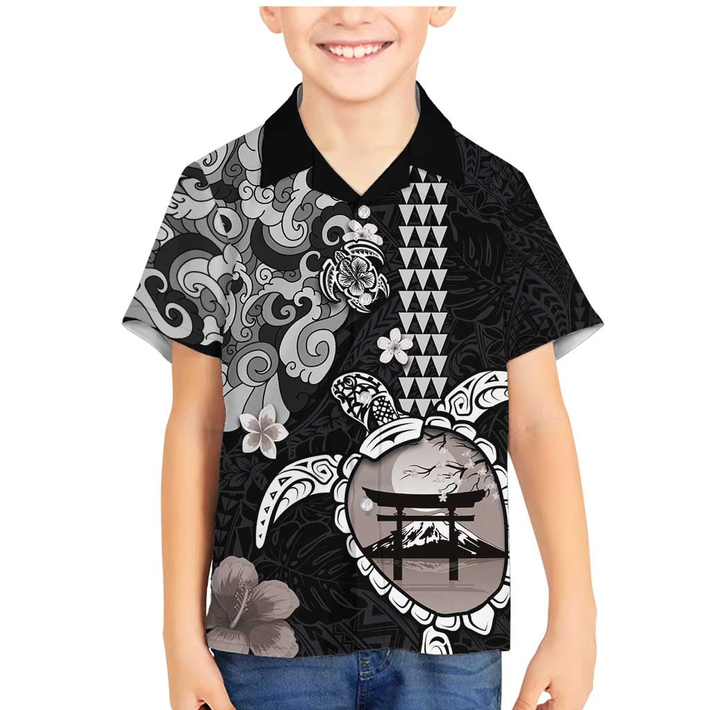 Hawaiian and Japanese Together Family Matching Mermaid Dress and Hawaiian Shirt Japanese Culture and Turtle Kakau Tattoo Black Color