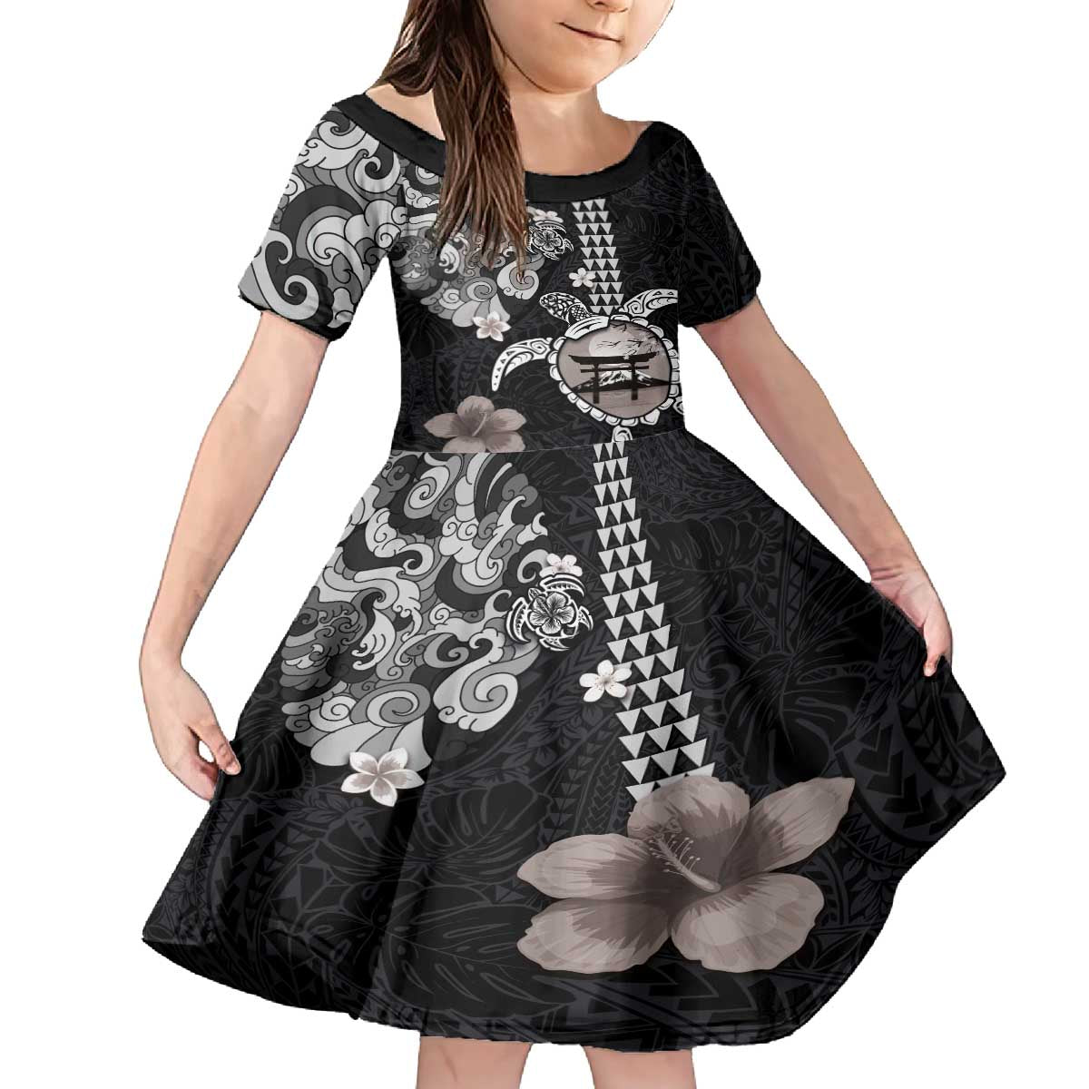 Hawaiian and Japanese Together Family Matching Puletasi and Hawaiian Shirt Japanese Culture and Turtle Kakau Tattoo Black Color LT03 Daughter's Dress Black - Polynesian Pride