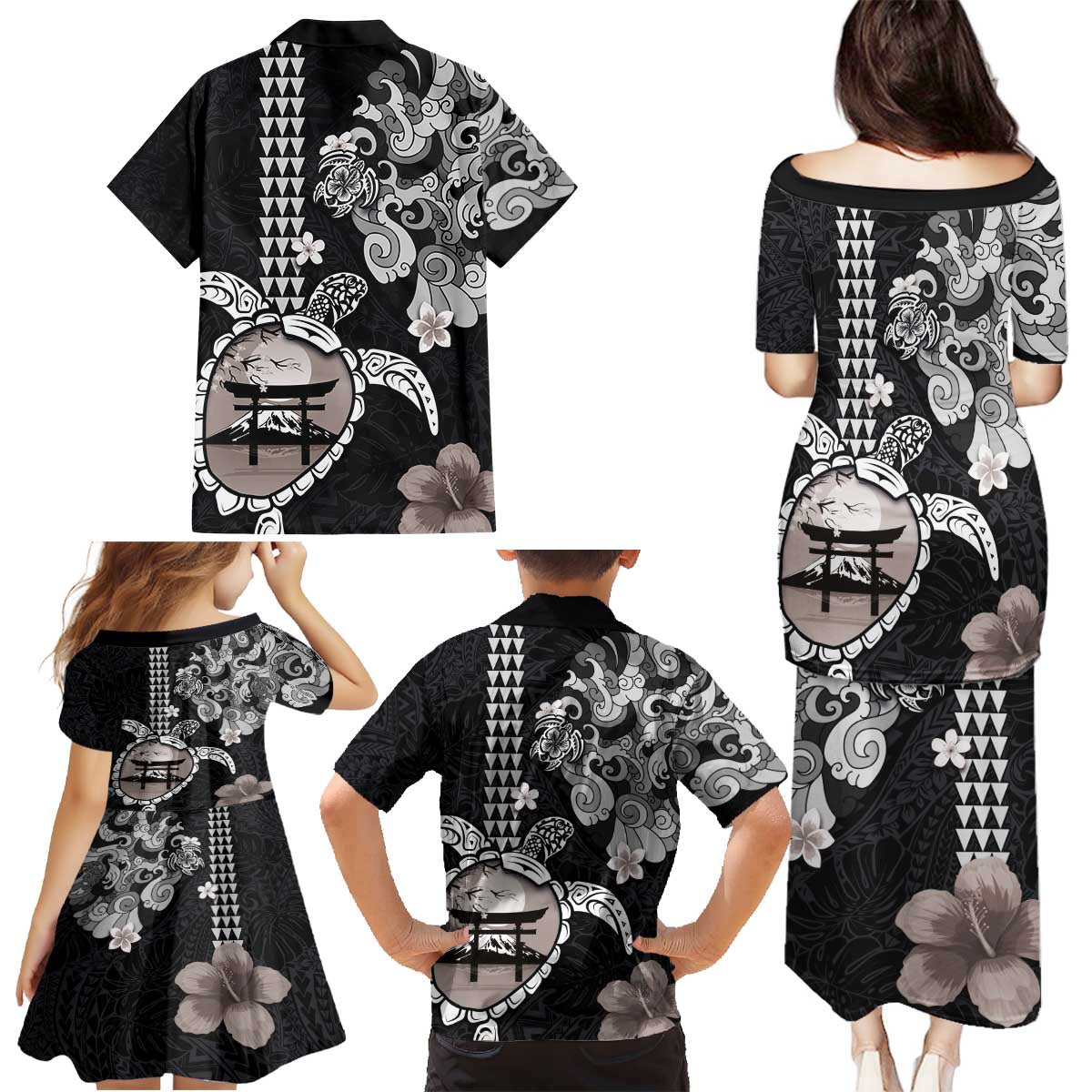Hawaiian and Japanese Together Family Matching Puletasi and Hawaiian Shirt Japanese Culture and Turtle Kakau Tattoo Black Color LT03 - Polynesian Pride