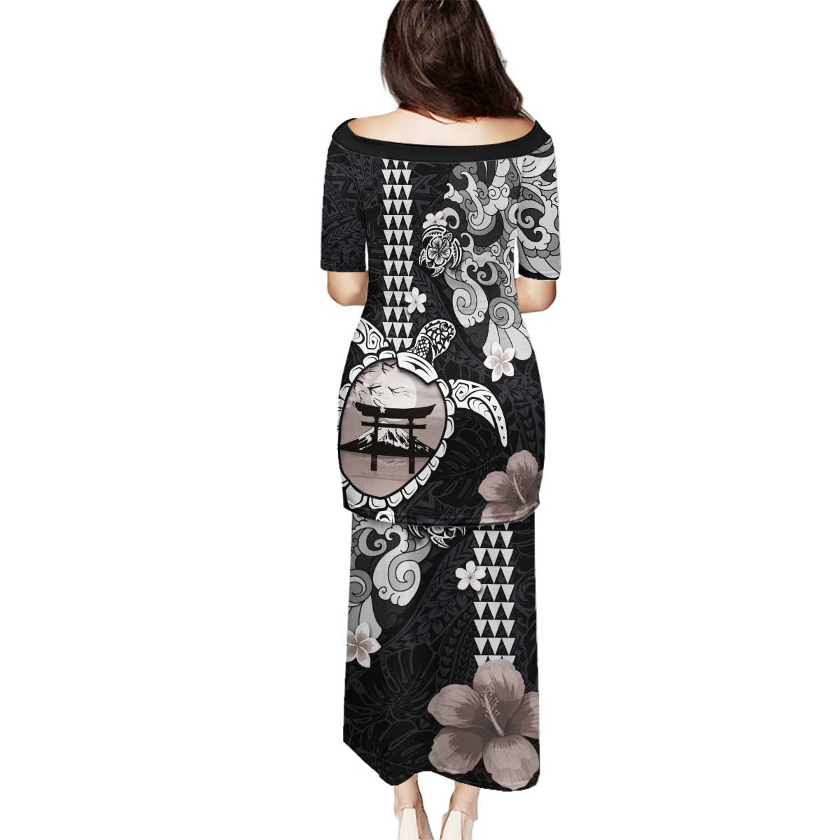 Hawaiian and Japanese Together Family Matching Puletasi and Hawaiian Shirt Japanese Culture and Turtle Kakau Tattoo Black Color LT03 - Polynesian Pride