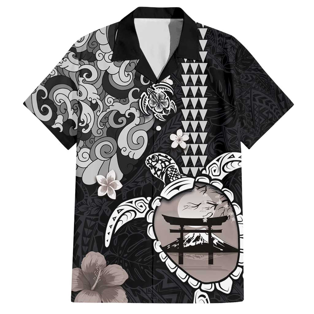 Hawaiian and Japanese Together Hawaiian Shirt Japanese Culture and Turtle Kakau Tattoo Black Color