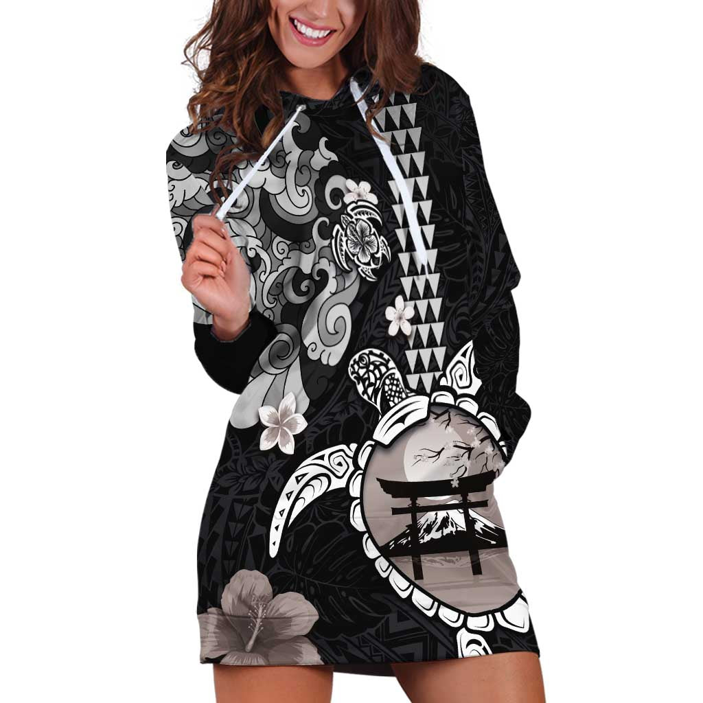 Hawaiian and Japanese Together Hoodie Dress Japanese Culture and Turtle Kakau Tattoo Black Color