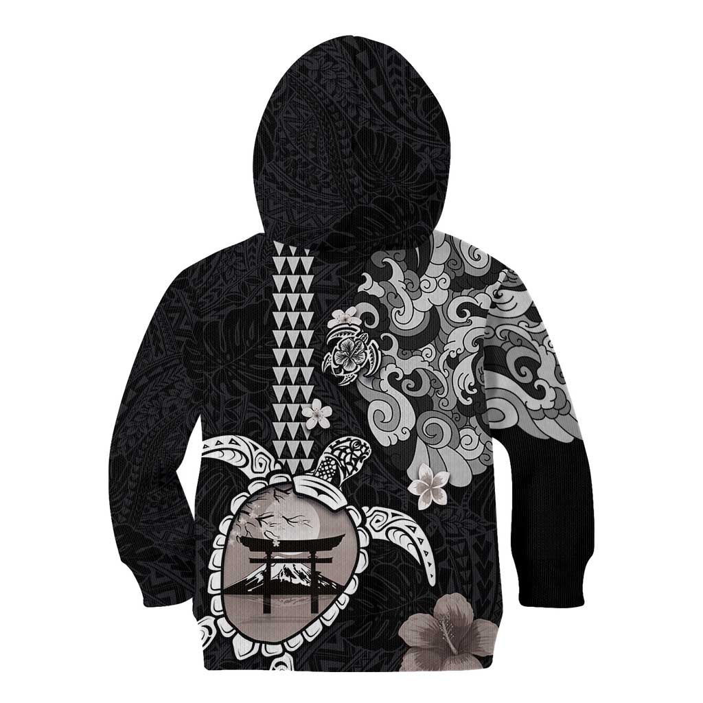 Hawaiian and Japanese Together Kid Hoodie Japanese Culture and Turtle Kakau Tattoo Black Color