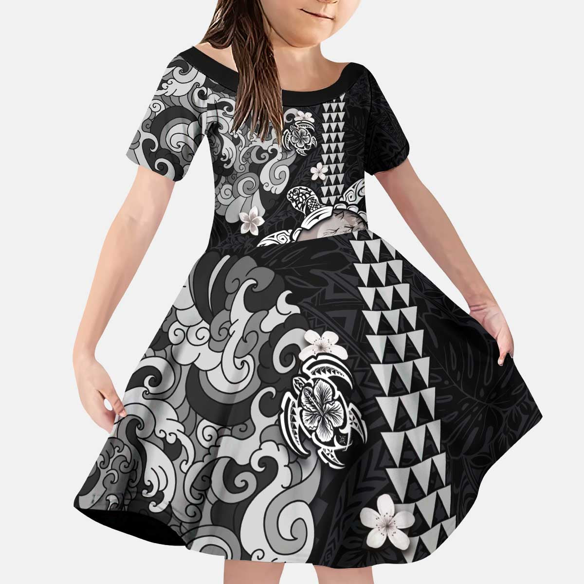 Hawaiian and Japanese Together Kid Short Sleeve Dress Japanese Culture and Turtle Kakau Tattoo Black Color