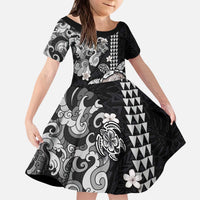 Hawaiian and Japanese Together Kid Short Sleeve Dress Japanese Culture and Turtle Kakau Tattoo Black Color