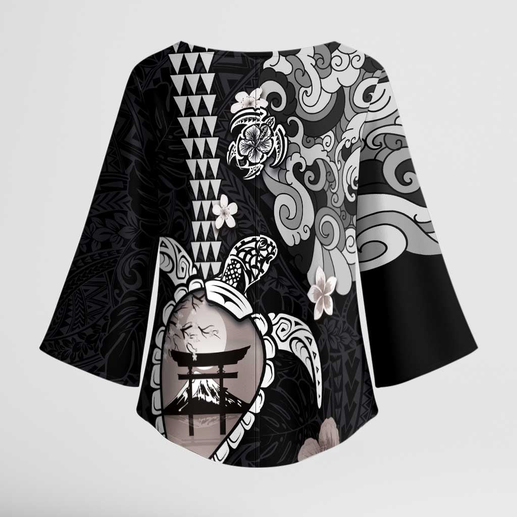 Hawaiian and Japanese Together Kimono Sleeve Blouse Japanese Culture and Turtle Kakau Tattoo Black Color LT03 - Polynesian Pride