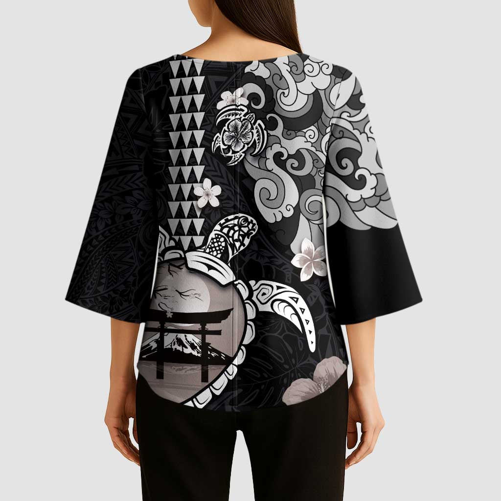 Hawaiian and Japanese Together Kimono Sleeve Blouse Japanese Culture and Turtle Kakau Tattoo Black Color LT03 - Polynesian Pride