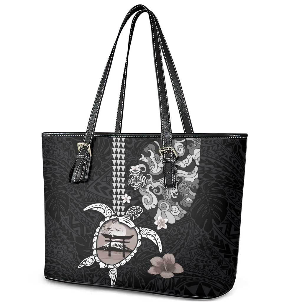 Hawaiian and Japanese Together Leather Tote Bag Japanese Culture and Turtle Kakau Tattoo Black Color