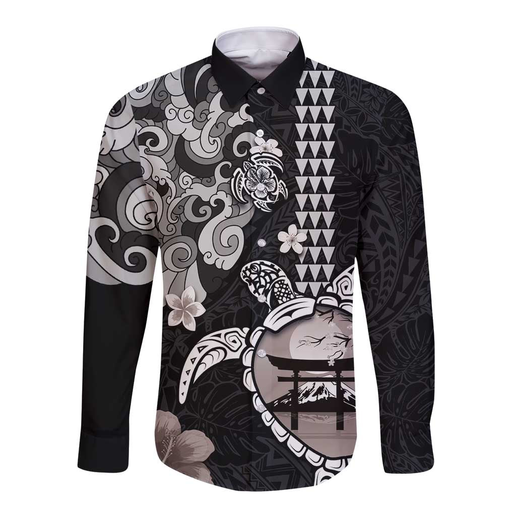 Hawaiian and Japanese Together Long Sleeve Button Shirt Japanese Culture and Turtle Kakau Tattoo Black Color
