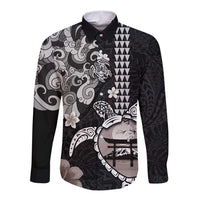 Hawaiian and Japanese Together Long Sleeve Button Shirt Japanese Culture and Turtle Kakau Tattoo Black Color