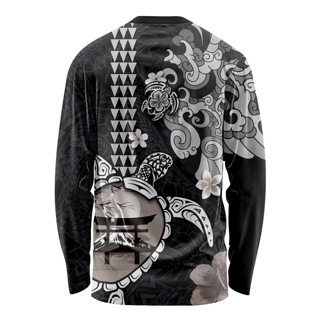 Hawaiian and Japanese Together Long Sleeve Shirt Japanese Culture and Turtle Kakau Tattoo Black Color