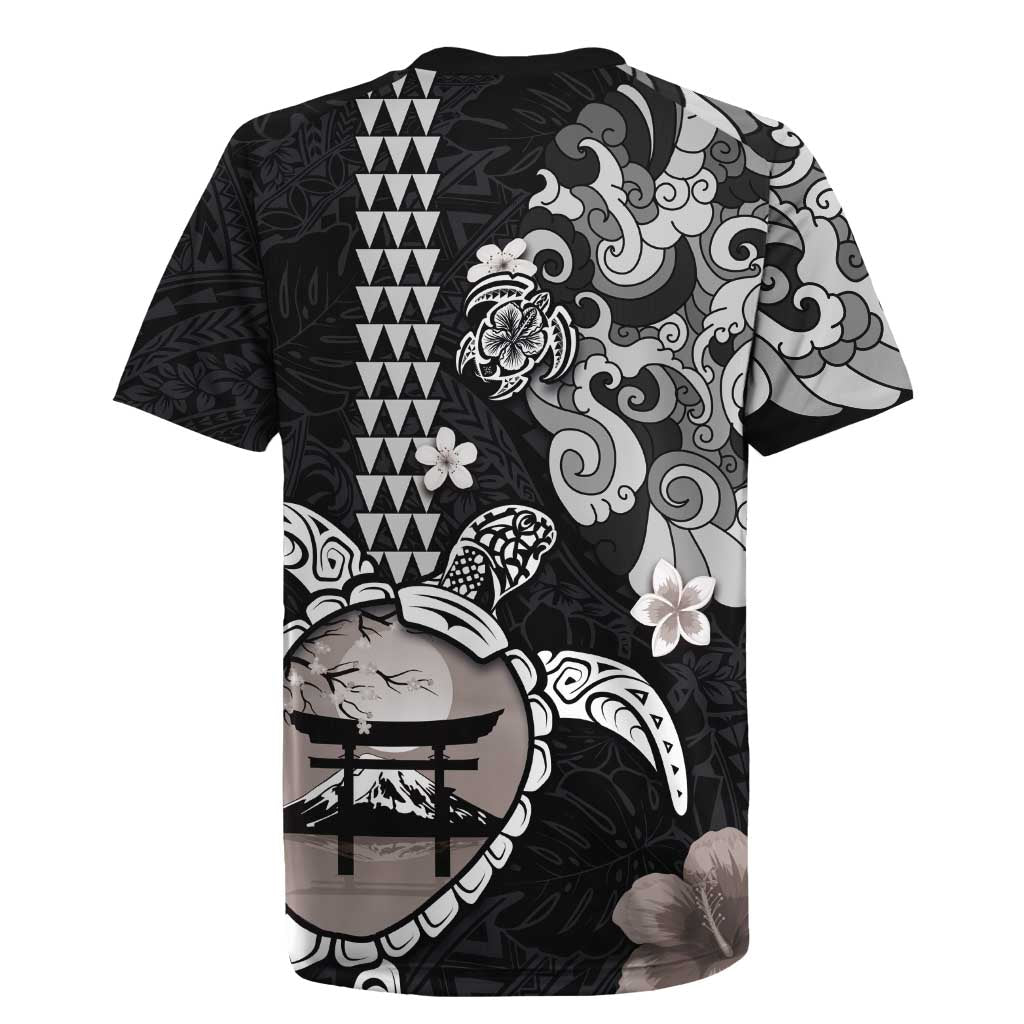 Hawaiian and Japanese Together Rugby Jersey Japanese Culture and Turtle Kakau Tattoo Black Color