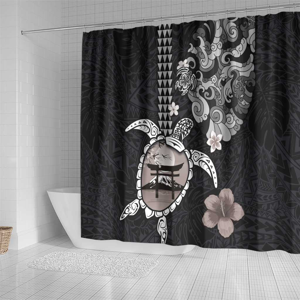 Hawaiian and Japanese Together Shower Curtain Japanese Culture and Turtle Kakau Tattoo Black Color