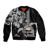 Hawaiian and Japanese Together Sleeve Zip Bomber Jacket Japanese Culture and Turtle Kakau Tattoo Black Color