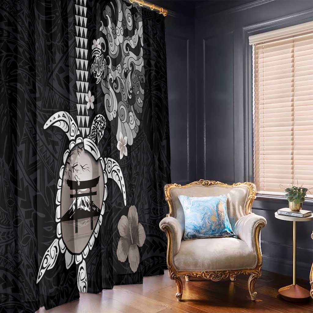 Hawaiian and Japanese Together Window Curtain Japanese Culture and Turtle Kakau Tattoo Black Color
