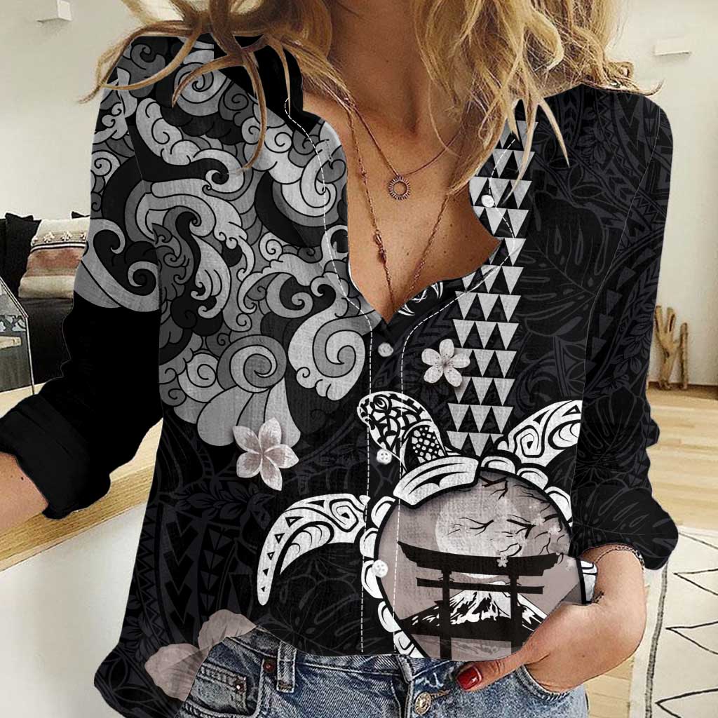 Hawaiian and Japanese Together Women Casual Shirt Japanese Culture and Turtle Kakau Tattoo Black Color