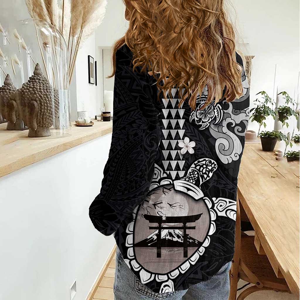 Hawaiian and Japanese Together Women Casual Shirt Japanese Culture and Turtle Kakau Tattoo Black Color