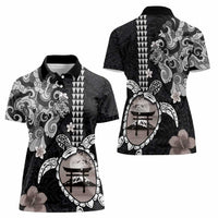 Hawaiian and Japanese Together Women Polo Shirt Japanese Culture and Turtle Kakau Tattoo Black Color
