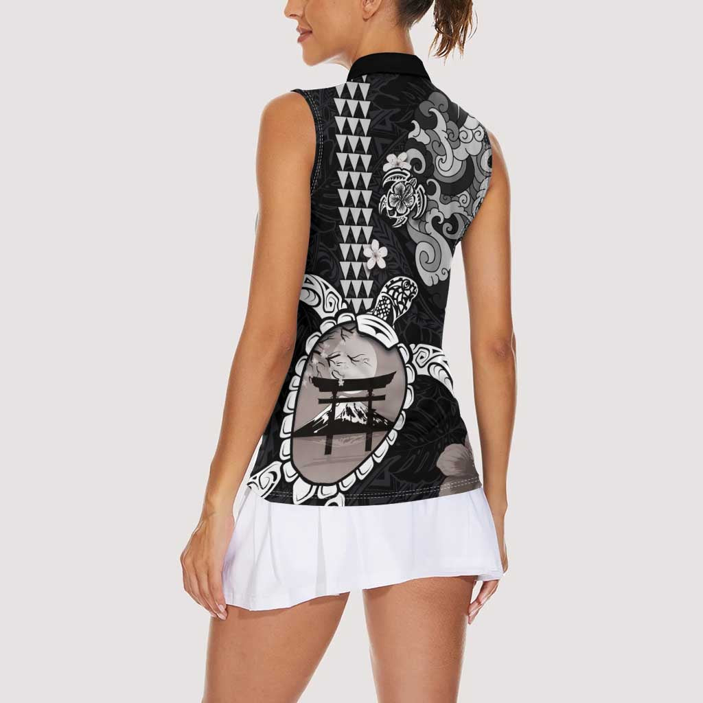 Hawaiian and Japanese Together Women Sleeveless Polo Shirt Japanese Culture and Turtle Kakau Tattoo Black Color LT03 - Polynesian Pride
