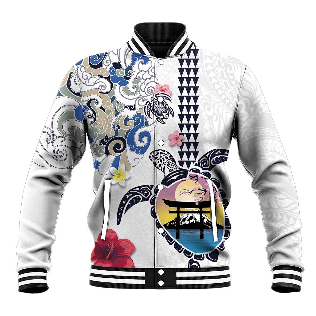Hawaiian and Japanese Together Baseball Jacket Japanese Culture and Turtle Kakau Tattoo White Color