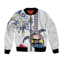 Hawaiian and Japanese Together Bomber Jacket Japanese Culture and Turtle Kakau Tattoo White Color