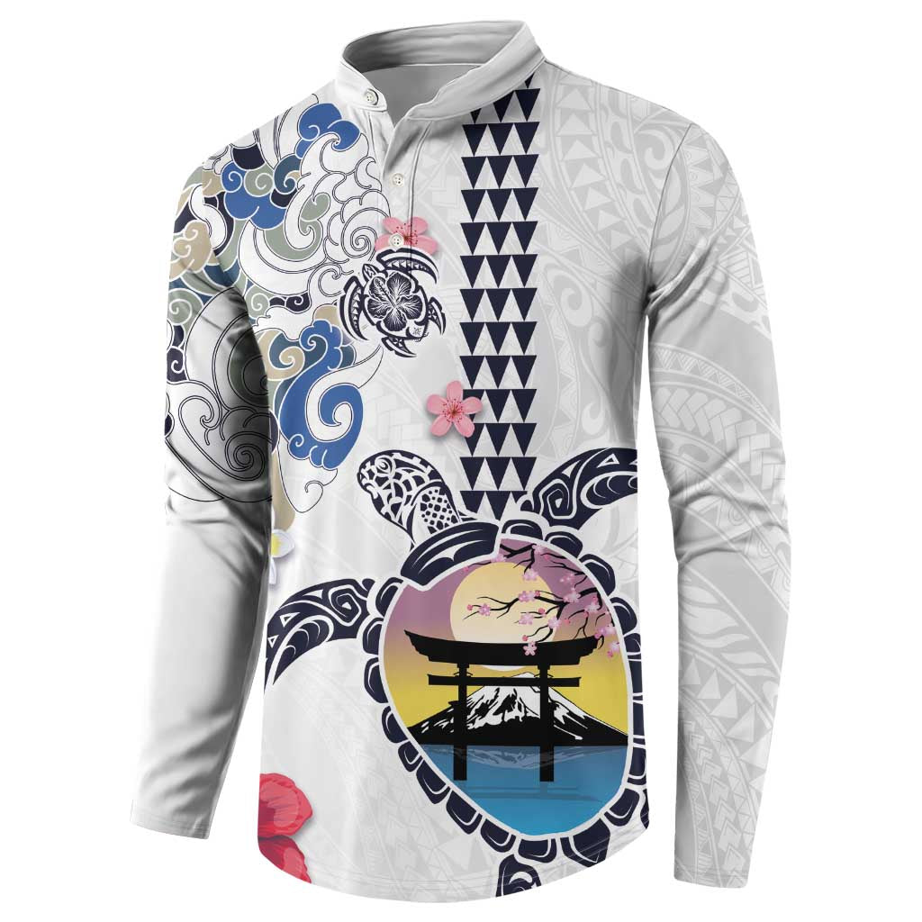 Hawaiian and Japanese Together Button Sweatshirt Japanese Culture and Turtle Kakau Tattoo White Color