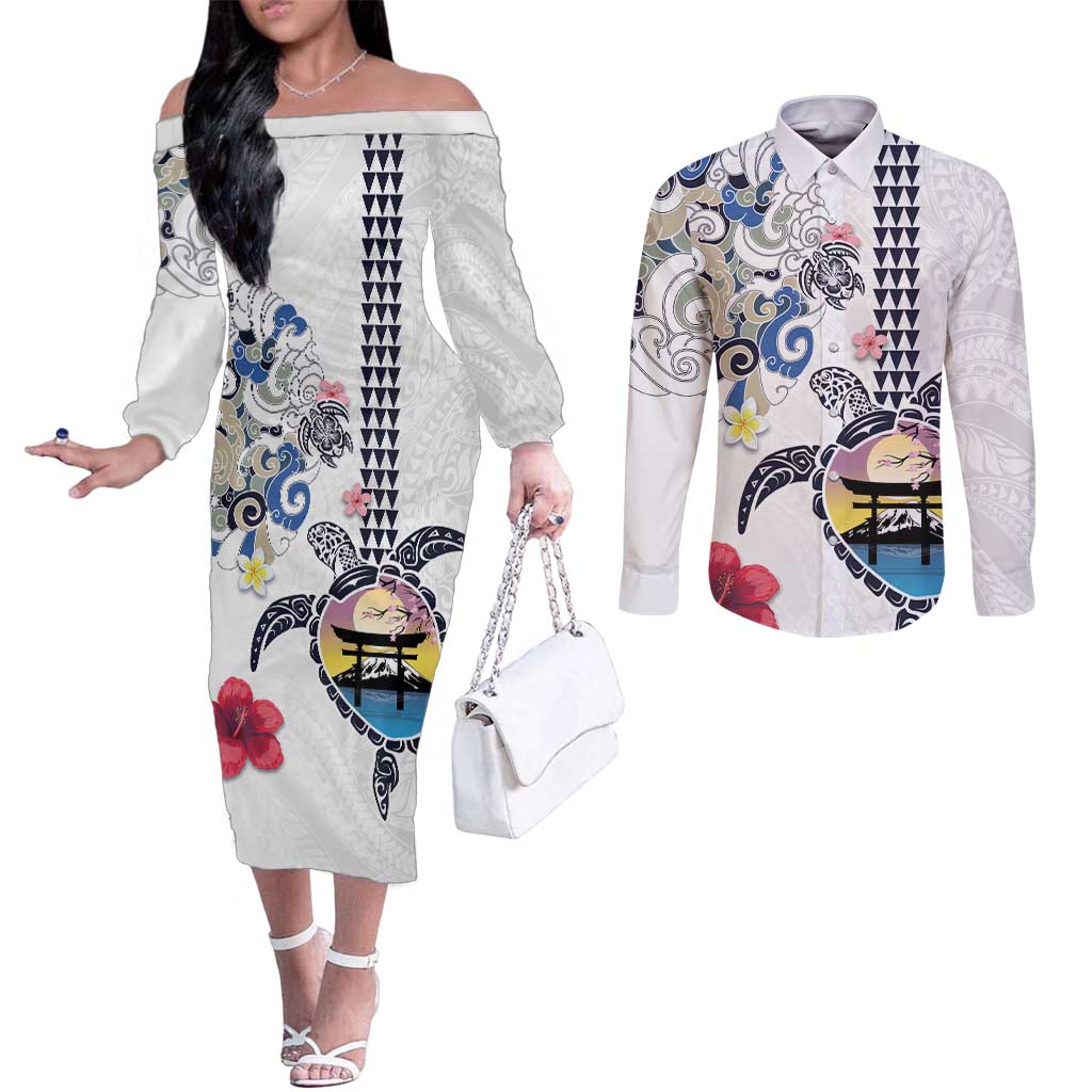Hawaiian and Japanese Together Couples Matching Off The Shoulder Long Sleeve Dress and Long Sleeve Button Shirt Japanese Culture and Turtle Kakau Tattoo White Color