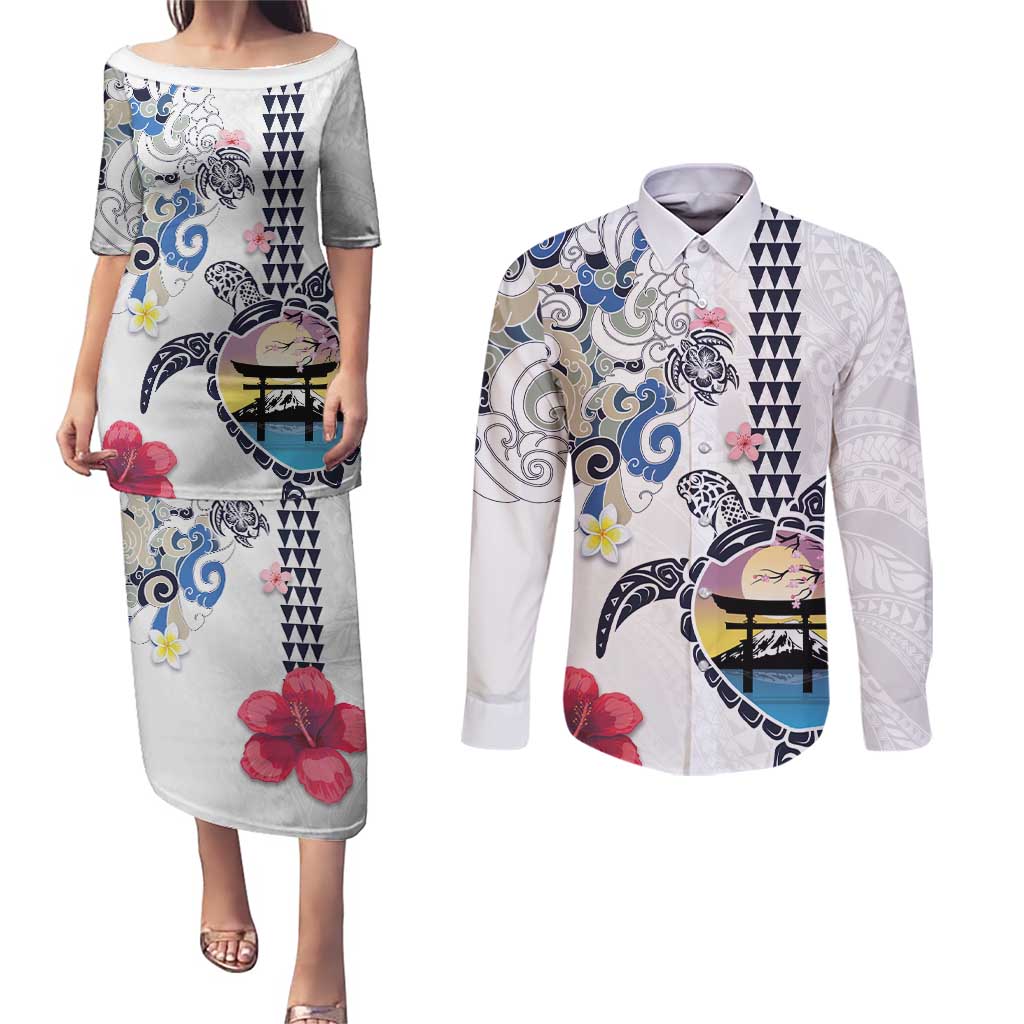 Hawaiian and Japanese Together Couples Matching Puletasi and Long Sleeve Button Shirt Japanese Culture and Turtle Kakau Tattoo White Color