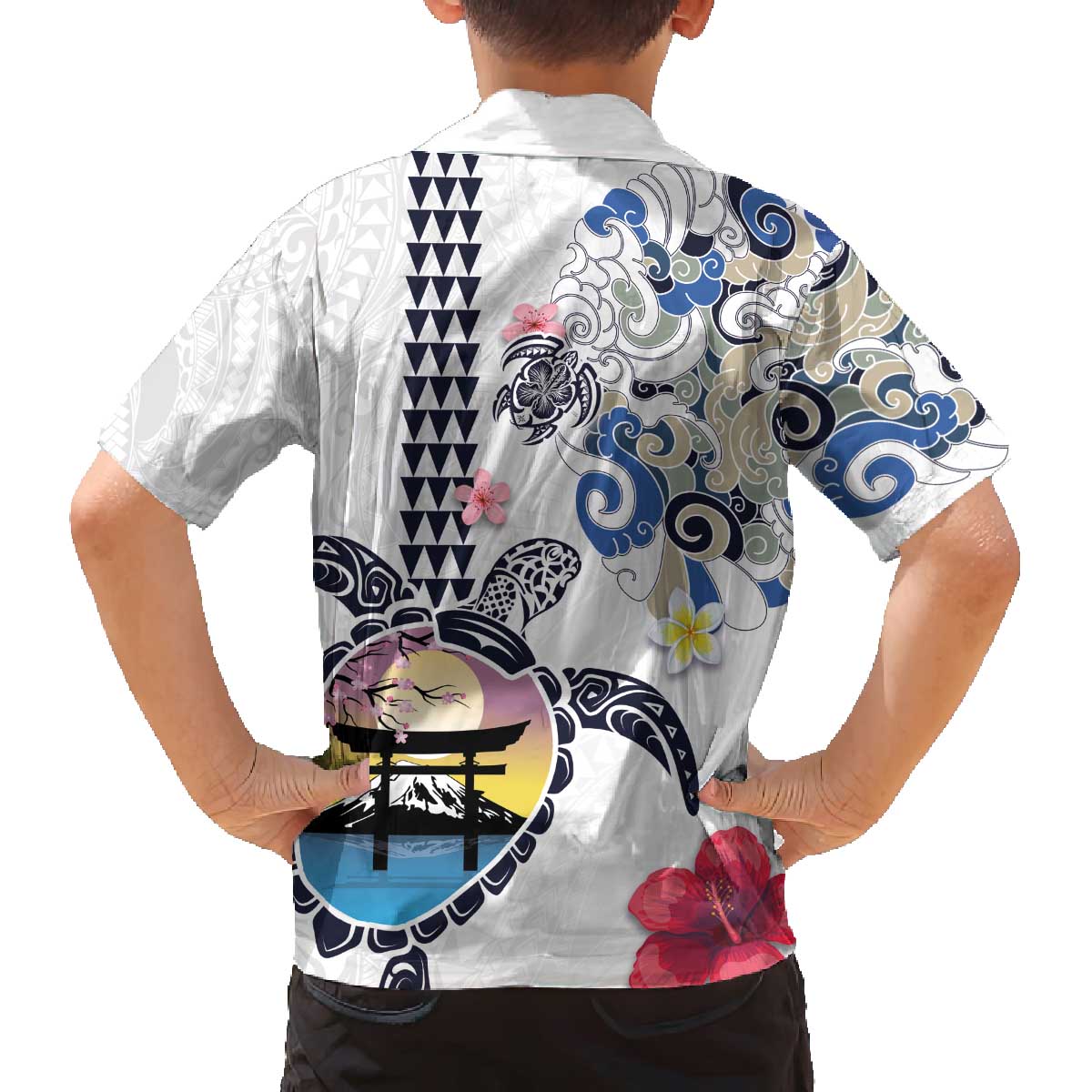 Hawaiian and Japanese Together Family Matching Puletasi and Hawaiian Shirt Japanese Culture and Turtle Kakau Tattoo White Color LT03 - Polynesian Pride