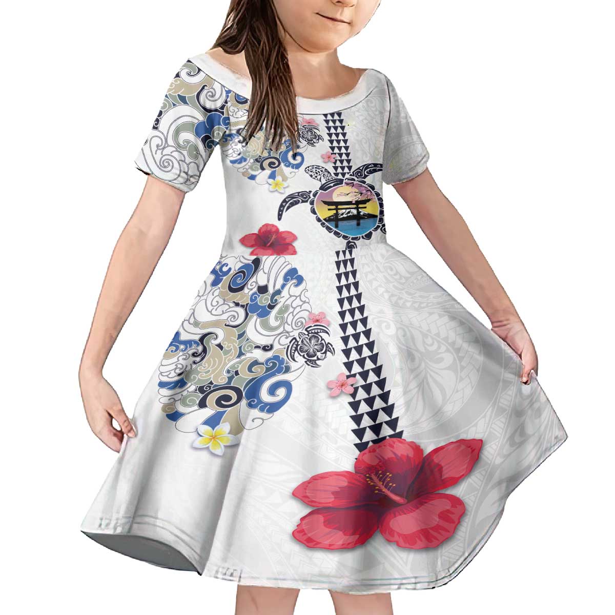 Hawaiian and Japanese Together Family Matching Puletasi and Hawaiian Shirt Japanese Culture and Turtle Kakau Tattoo White Color LT03 Daughter's Dress White - Polynesian Pride