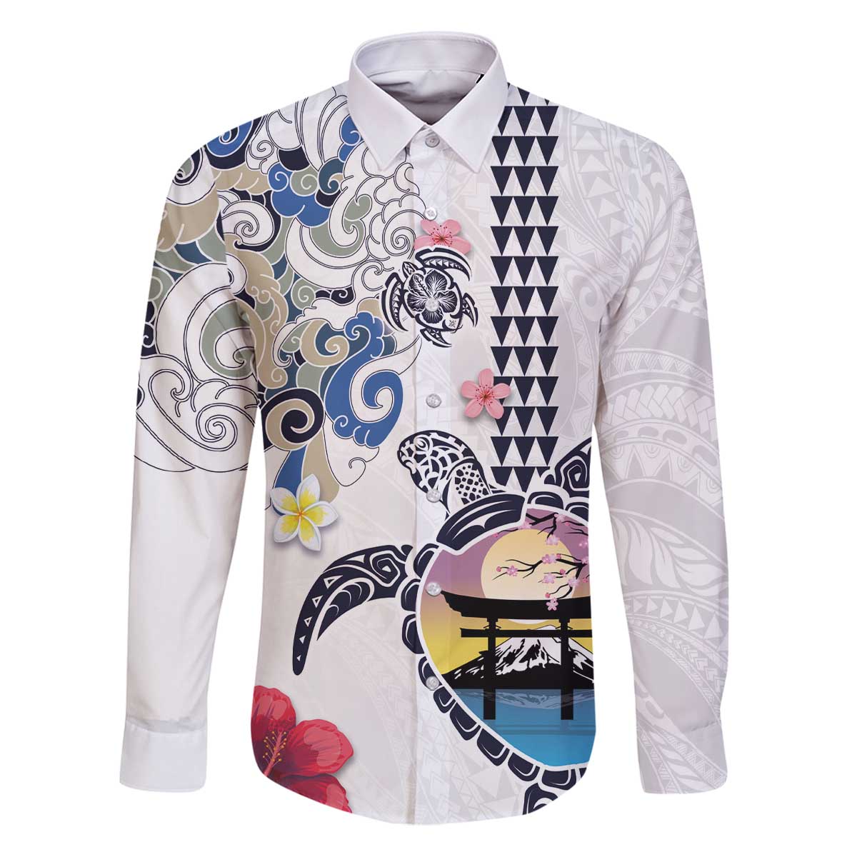 Hawaiian and Japanese Together Family Matching Puletasi and Hawaiian Shirt Japanese Culture and Turtle Kakau Tattoo White Color LT03 Dad's Shirt - Long Sleeve White - Polynesian Pride