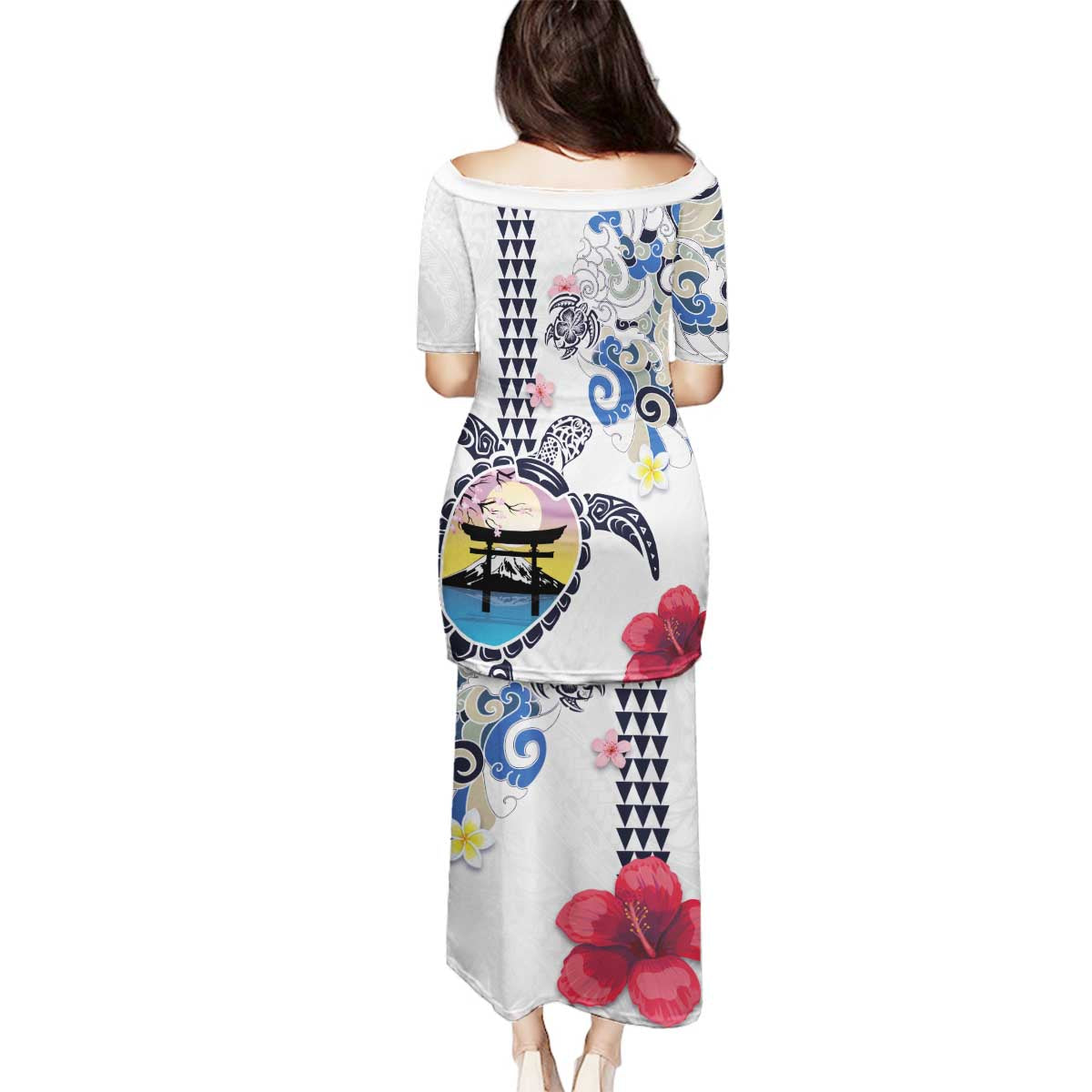 Hawaiian and Japanese Together Family Matching Puletasi and Hawaiian Shirt Japanese Culture and Turtle Kakau Tattoo White Color LT03 - Polynesian Pride
