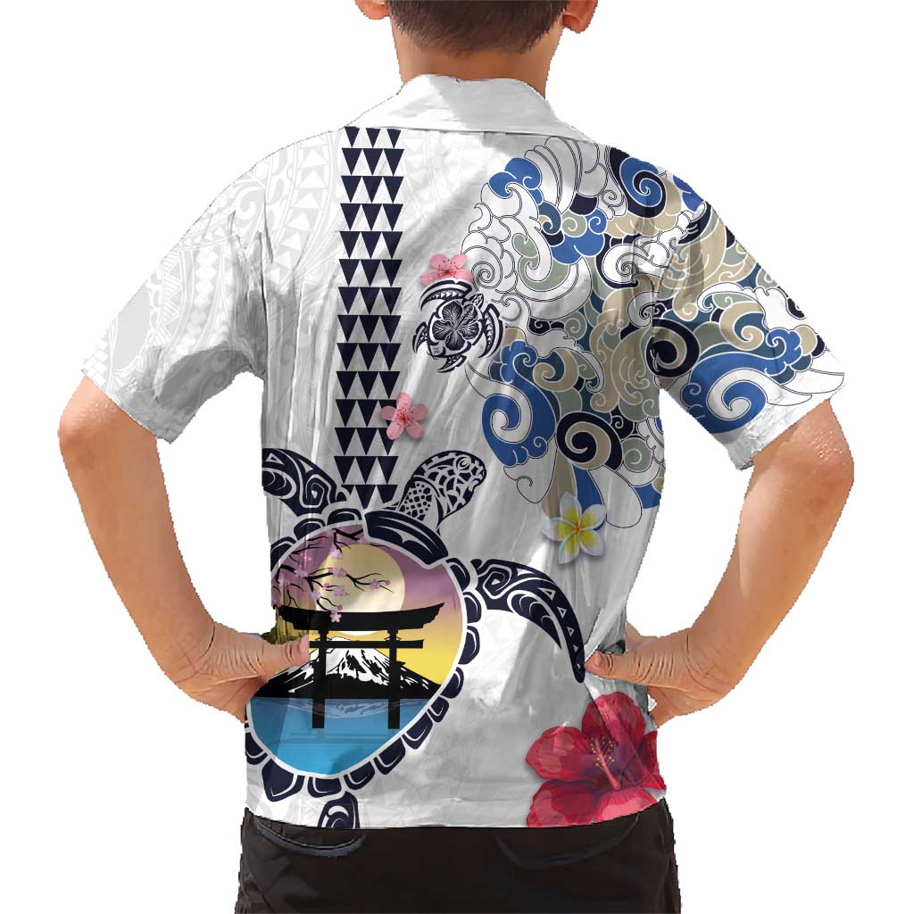 Hawaiian and Japanese Together Family Matching Short Sleeve Bodycon Dress and Hawaiian Shirt Japanese Culture and Turtle Kakau Tattoo White Color