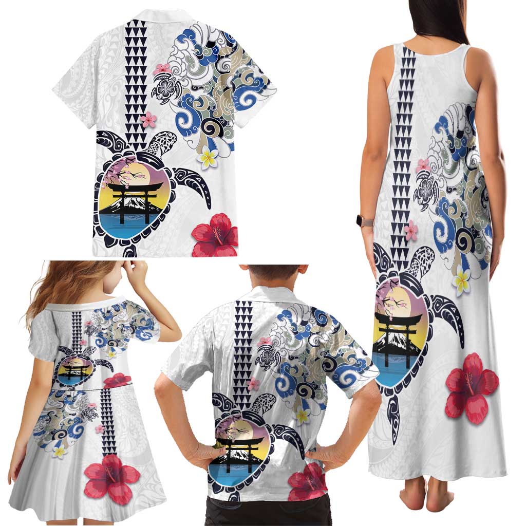 Hawaiian and Japanese Together Family Matching Tank Maxi Dress and Hawaiian Shirt Japanese Culture and Turtle Kakau Tattoo White Color