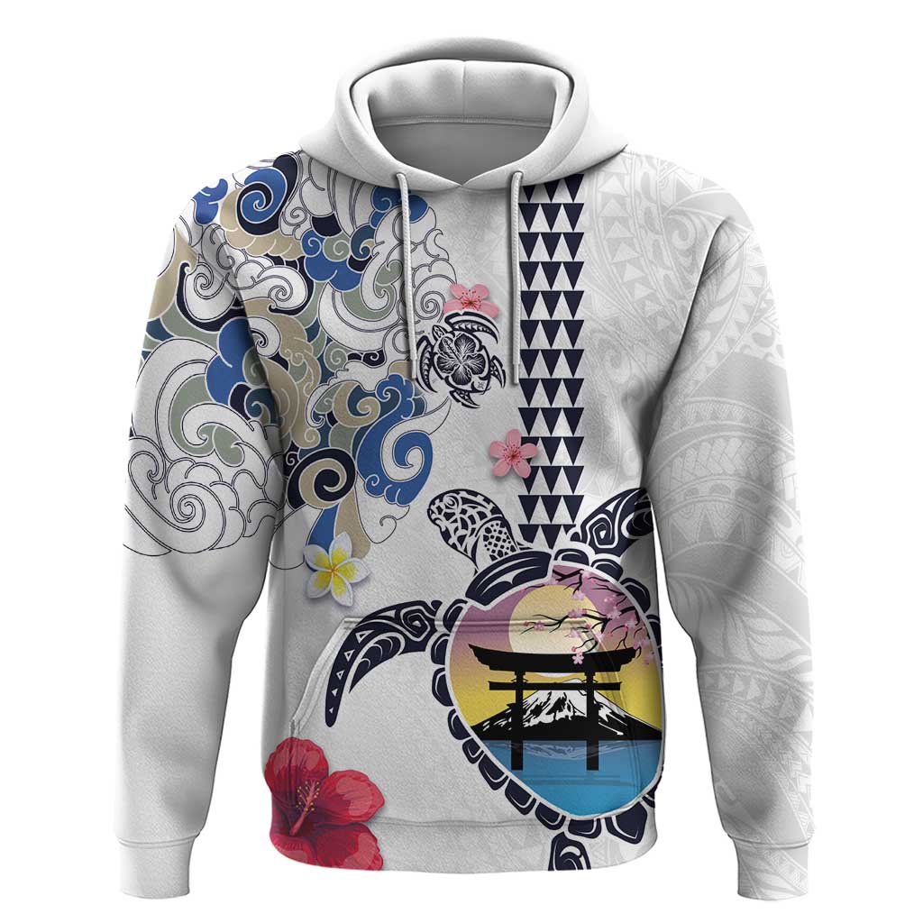 Hawaiian and Japanese Together Hoodie Japanese Culture and Turtle Kakau Tattoo White Color