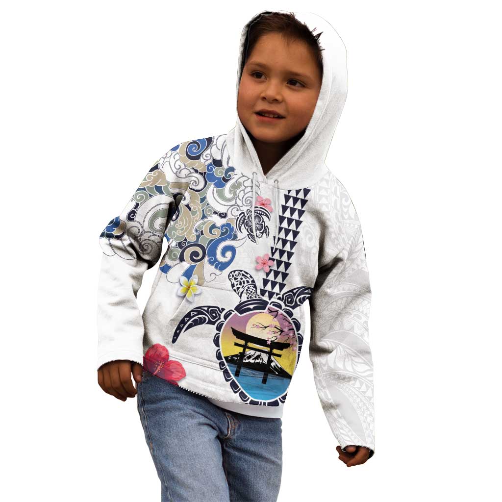 Hawaiian and Japanese Together Kid Hoodie Japanese Culture and Turtle Kakau Tattoo White Color