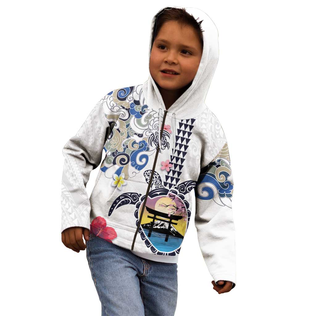 Hawaiian and Japanese Together Kid Hoodie Japanese Culture and Turtle Kakau Tattoo White Color