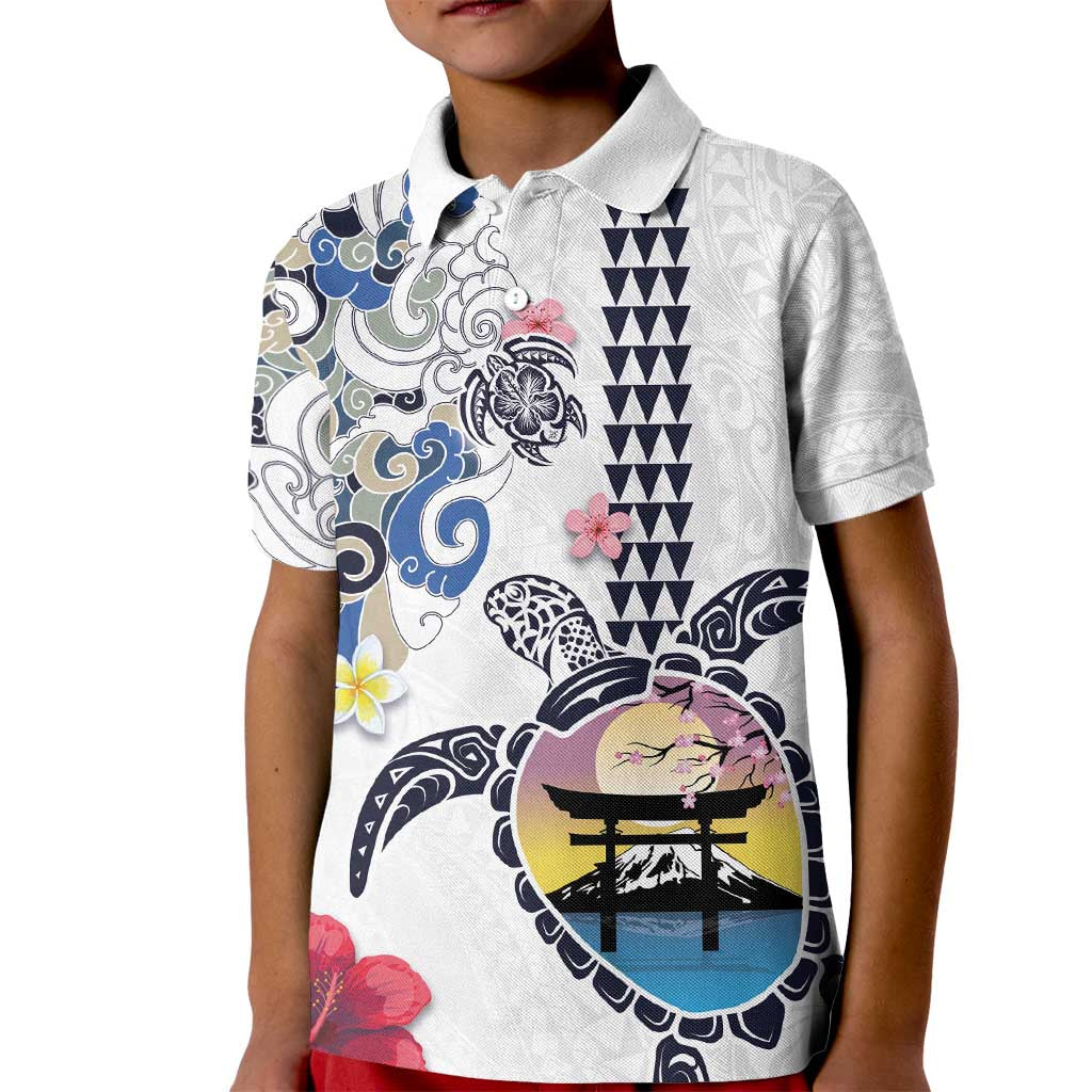 Hawaiian and Japanese Together Kid Polo Shirt Japanese Culture and Turtle Kakau Tattoo White Color LT03 Kid White - Polynesian Pride