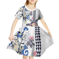 Hawaiian and Japanese Together Kid Short Sleeve Dress Japanese Culture and Turtle Kakau Tattoo White Color