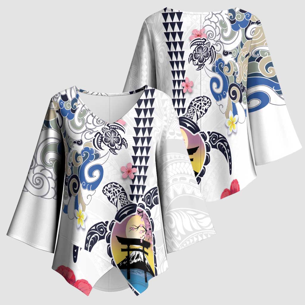 Hawaiian and Japanese Together Kimono Sleeve Blouse Japanese Culture and Turtle Kakau Tattoo White Color LT03 - Polynesian Pride