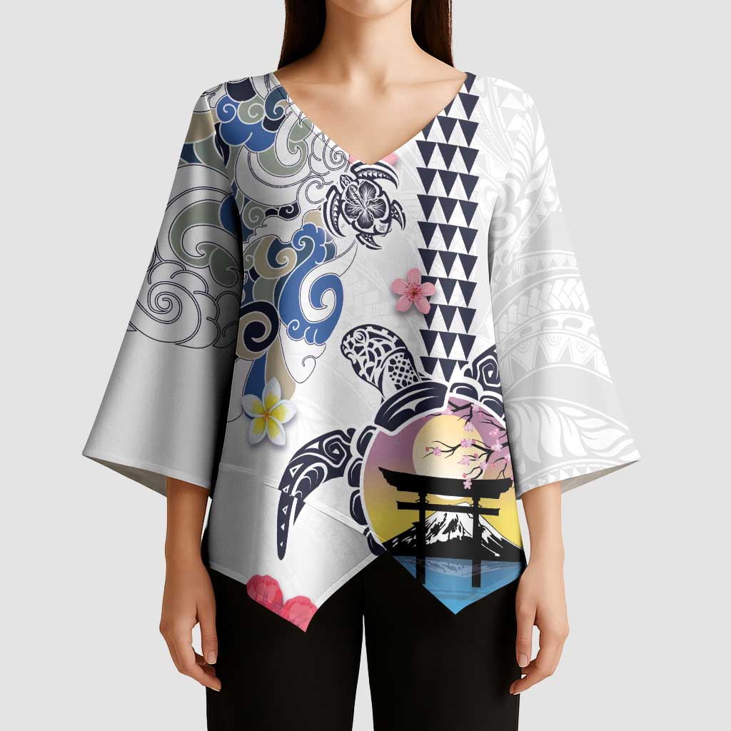 Hawaiian and Japanese Together Kimono Sleeve Blouse Japanese Culture and Turtle Kakau Tattoo White Color LT03 - Polynesian Pride