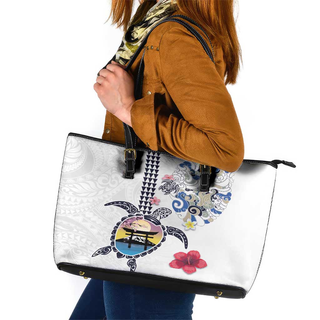 Hawaiian and Japanese Together Leather Tote Bag Japanese Culture and Turtle Kakau Tattoo White Color