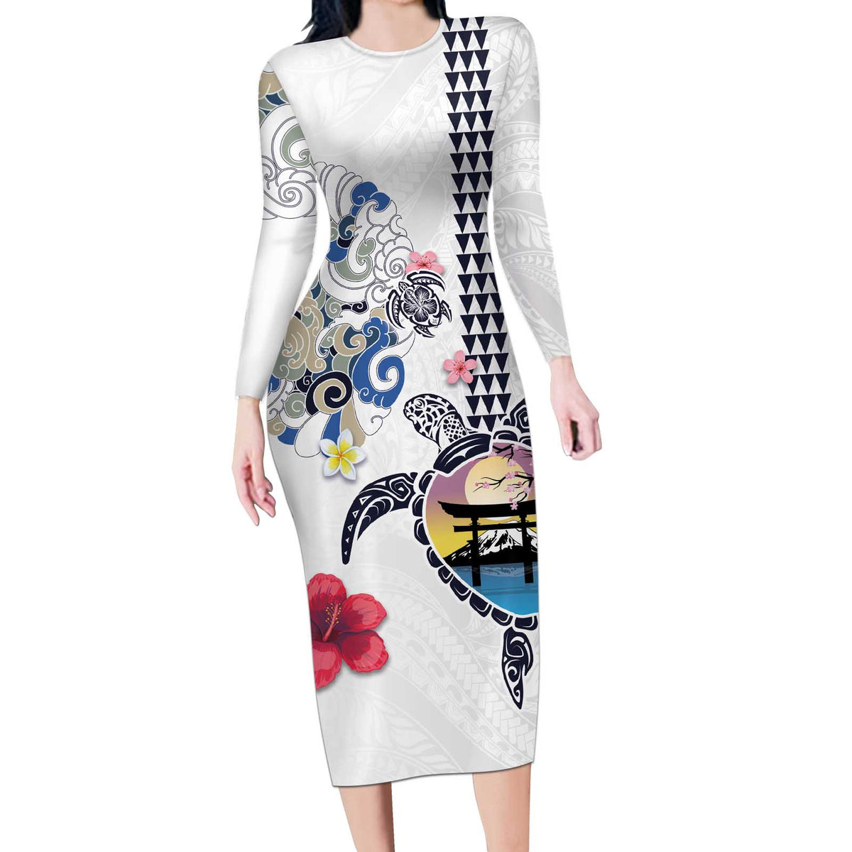 Hawaiian and Japanese Together Long Sleeve Bodycon Dress Japanese Culture and Turtle Kakau Tattoo White Color LT03 Long Dress White - Polynesian Pride