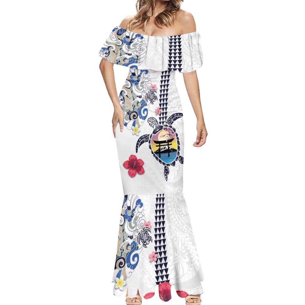 Hawaiian and Japanese Together Mermaid Dress Japanese Culture and Turtle Kakau Tattoo White Color LT03 - Polynesian Pride