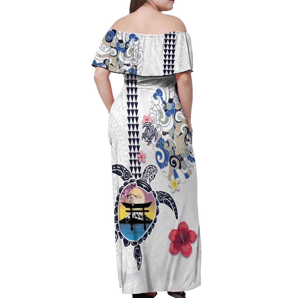 Hawaiian and Japanese Together Off Shoulder Maxi Dress Japanese Culture and Turtle Kakau Tattoo White Color