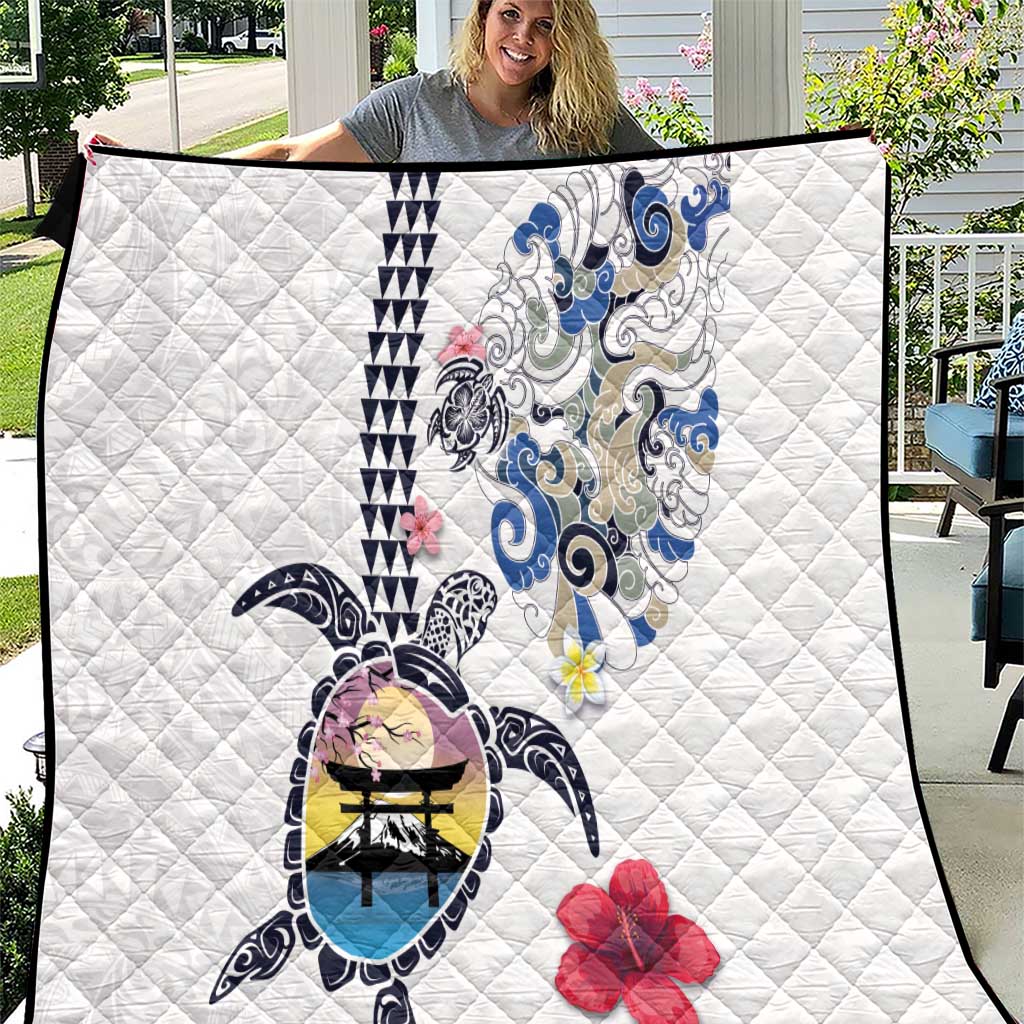 Hawaiian and Japanese Together Quilt Japanese Culture and Turtle Kakau Tattoo White Color