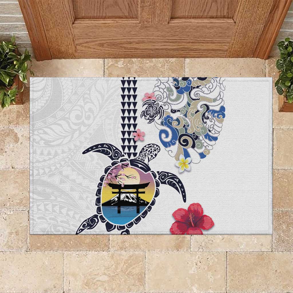 Hawaiian and Japanese Together Rubber Doormat Japanese Culture and Turtle Kakau Tattoo White Color