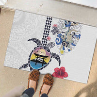 Hawaiian and Japanese Together Rubber Doormat Japanese Culture and Turtle Kakau Tattoo White Color