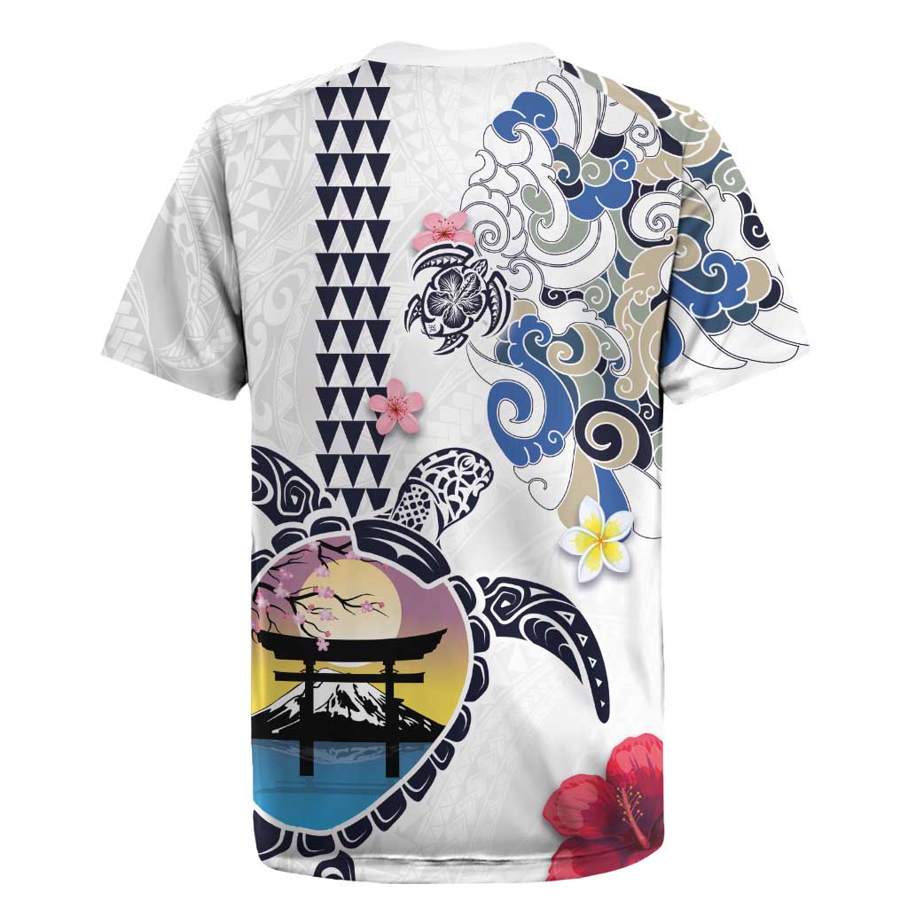 Hawaiian and Japanese Together Rugby Jersey Japanese Culture and Turtle Kakau Tattoo White Color