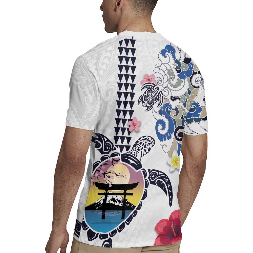 Hawaiian and Japanese Together Rugby Jersey Japanese Culture and Turtle Kakau Tattoo White Color